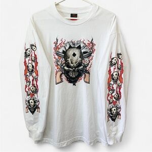 VINTAGE Y2K 2005 Skull Flames Pistol AOP Graphic Long-Sleeve T-Shirt Mens Large